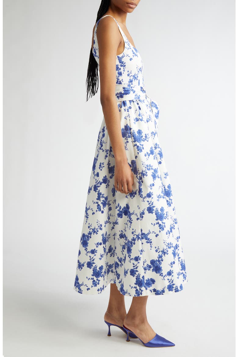 Floral Print Belted Faille Midi Dress, Alternate, color, WHITE MULTI