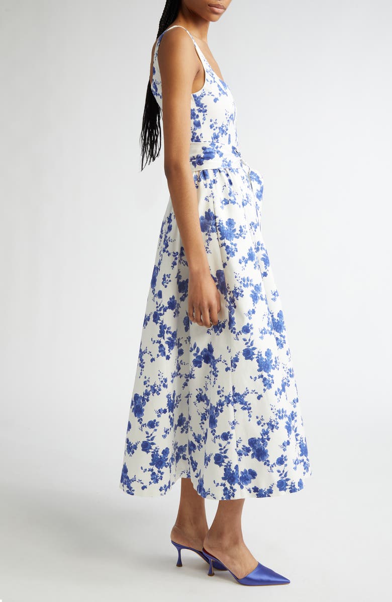 Carolina Herrera Floral Print Belted Faille Midi Dress, Alternate, color, White Multi