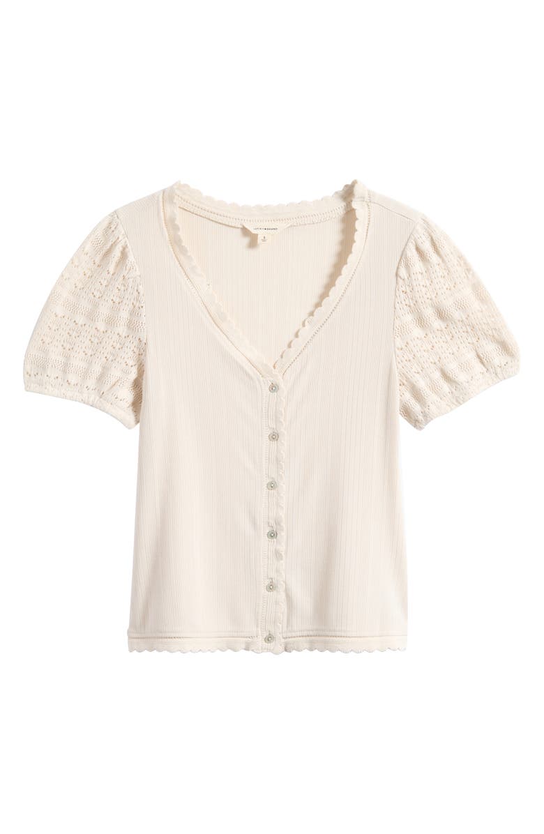 Lucky Brand Rib Knit Short Sleeve Button-Up Shirt, Main, color, Cream