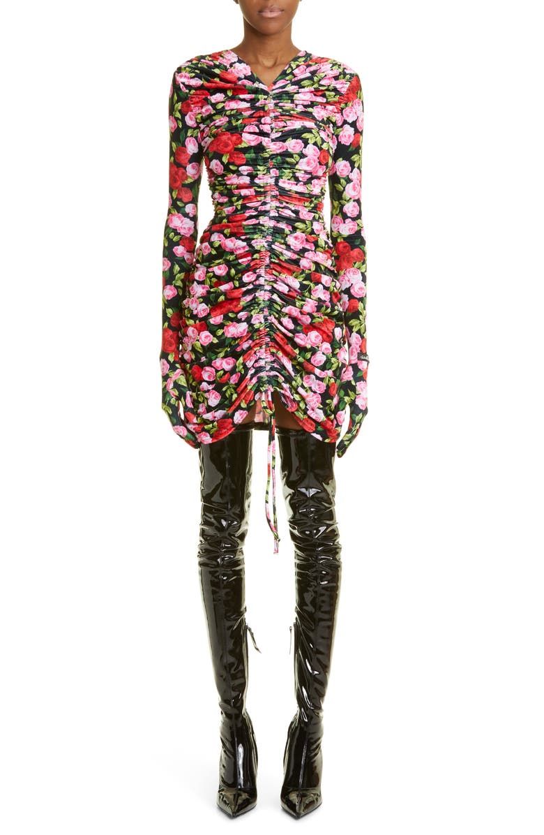 Richard Quinn Floral Glove Sleeve Ruched Velour Minidress, Main, color, 