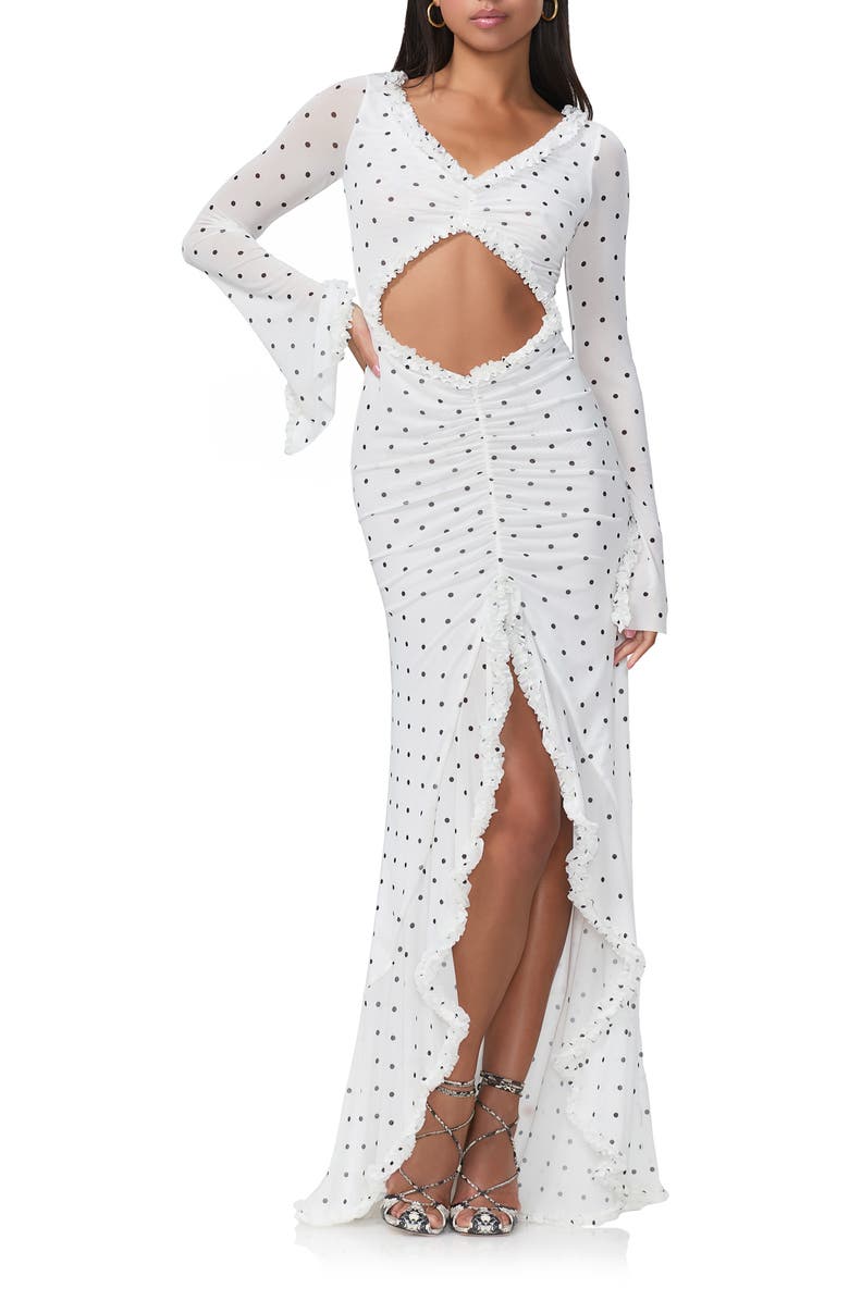 AFRM Cat Ruched Semisheer Long Sleeve Cutout High-Low Hem Maxi Dress, Main, color, Blanc Micro Dot