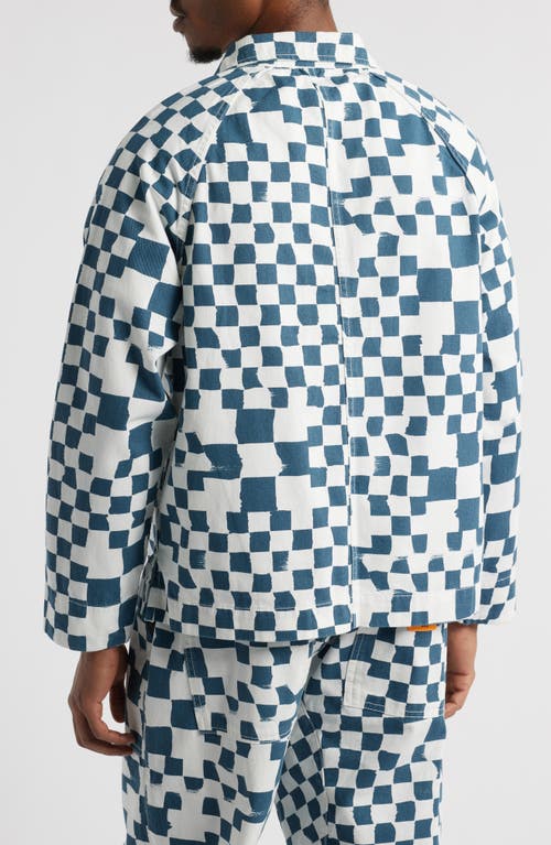 Service Works Organic Cotton Drill Printed Front Of House Jacket In Teal Checker