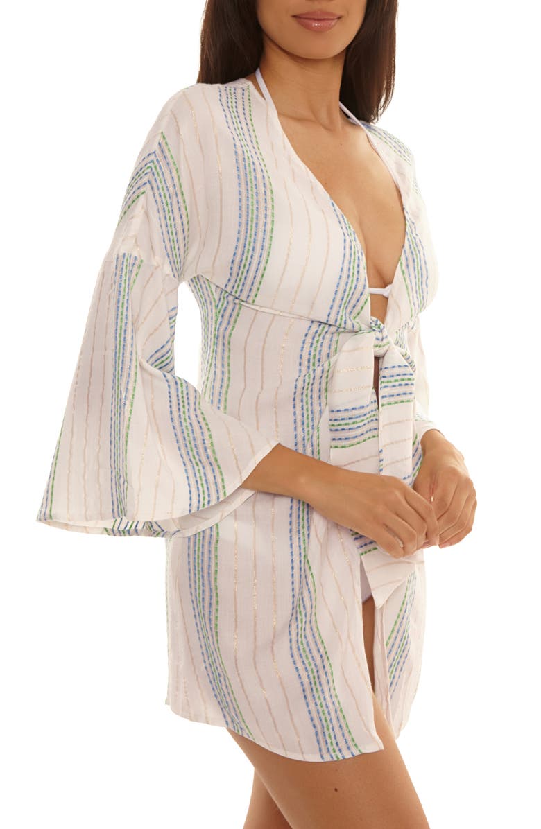 Becca Radiance V-Neck Long Sleeve Cover-Up Tunic, Alternate, color, Sky Blue/ White