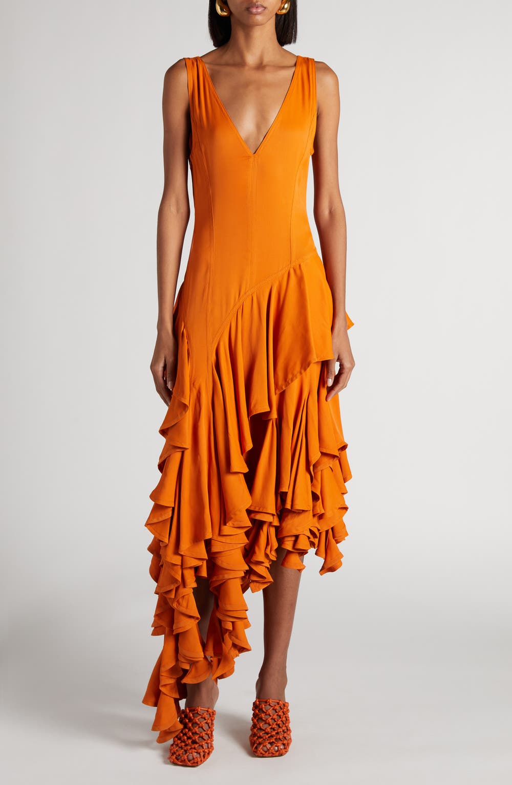 Asymmetric Tiered Ruffle Dress, color, 7367 APRICOT
