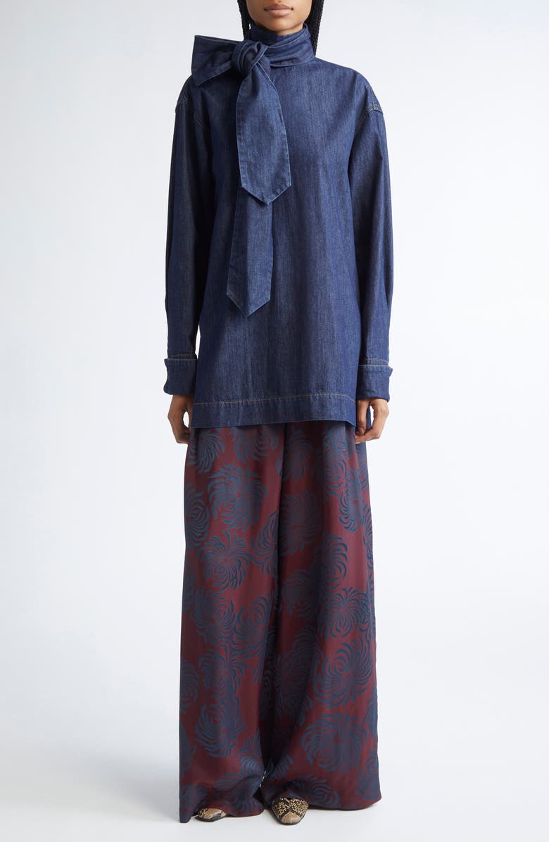 Dries Van Noten Chaddy Pussy Bow Denim Shirt, Alternate, color, Indigo