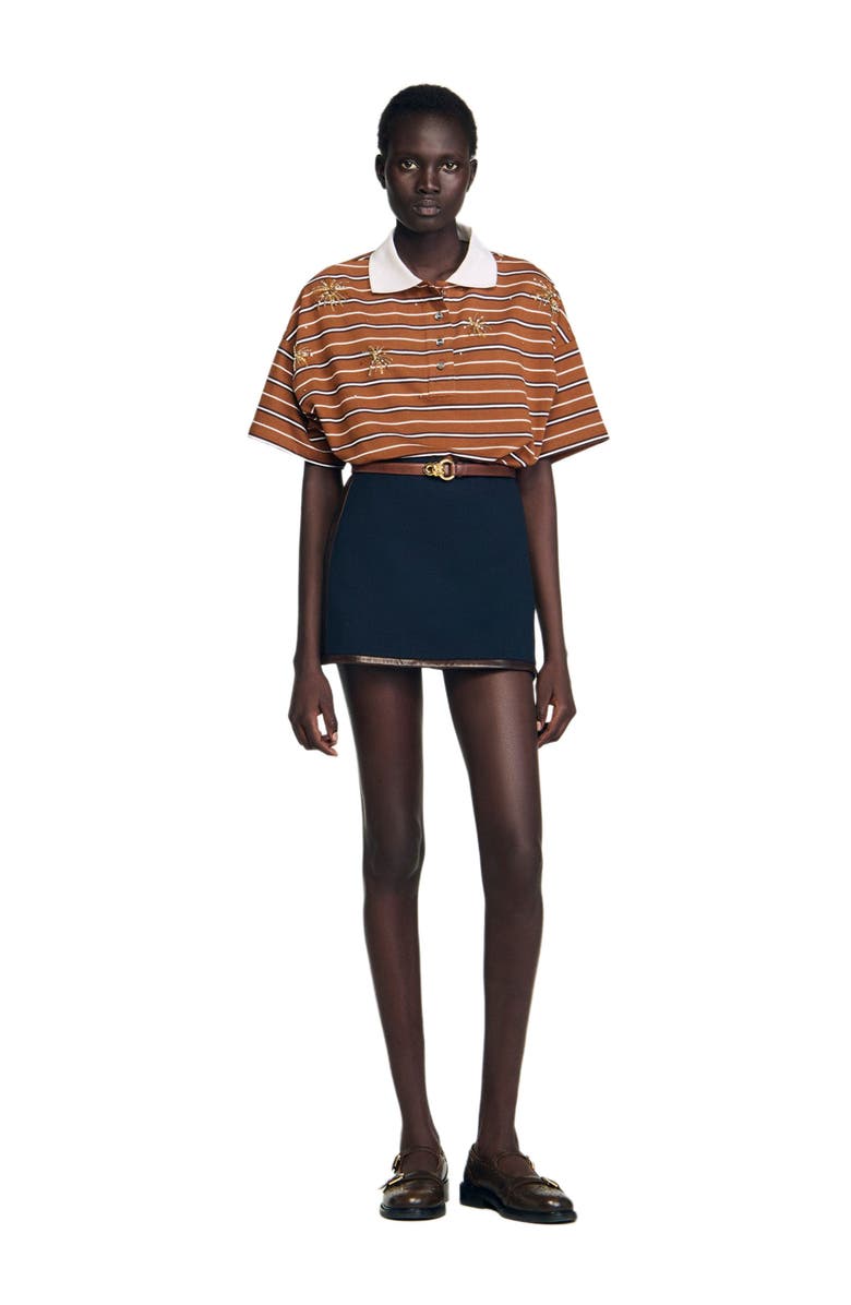 SANDRO Short skirt with leather bands, Alternate, color, Navy Blue