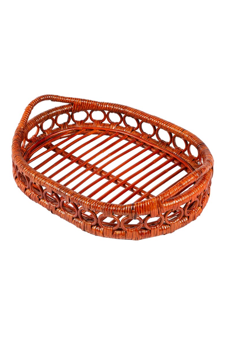 Cassini Handcrafted Rattan Oval Geometric Loop Ring Decorative Serving Tray with Handles and Slat Base, Main, color, Auburn