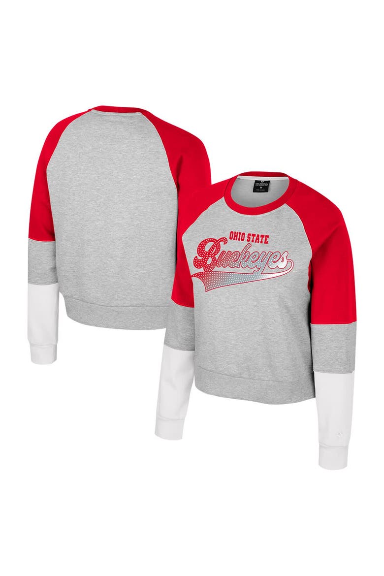 Girls Youth Colosseum Heather Gray Ohio State Buckeyes Katinka Rhinestone Pullover Sweatshirt, Main, color, Heather Gray