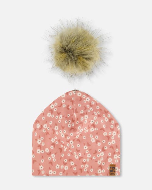 Deux Par Deux Girl's Printed Jersey Detachable Pompom Hat Small White Flowers On Pale Pink In White Flowers On Pale Pink