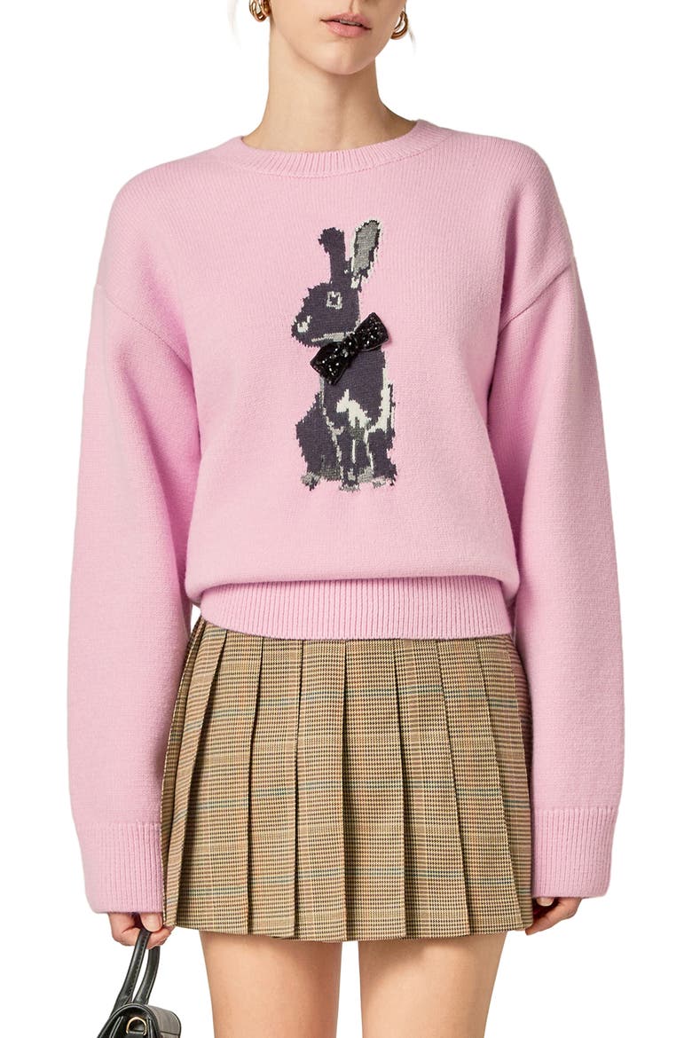 Embellished Intarsia Bunny Crewneck Sweater, Main, color, PINK/ BLACK