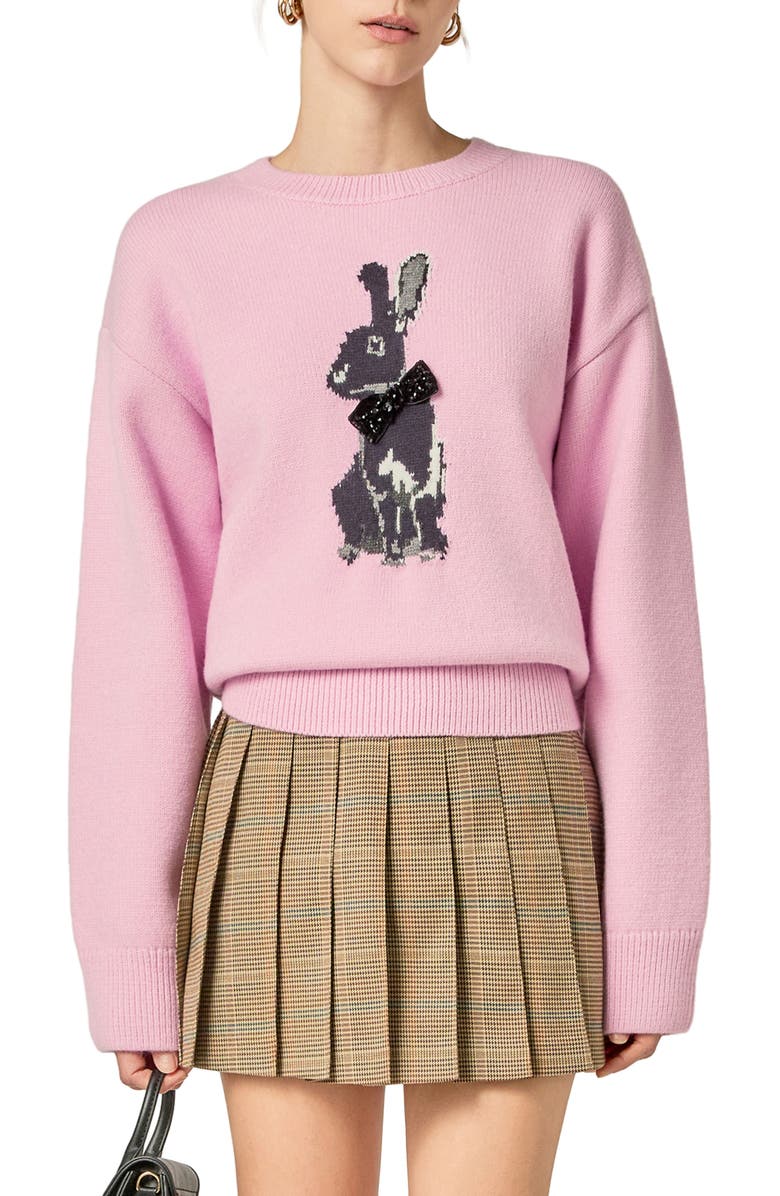 English Factory Embellished Intarsia Bunny Crewneck Sweater, Main, color, Pink/ Black