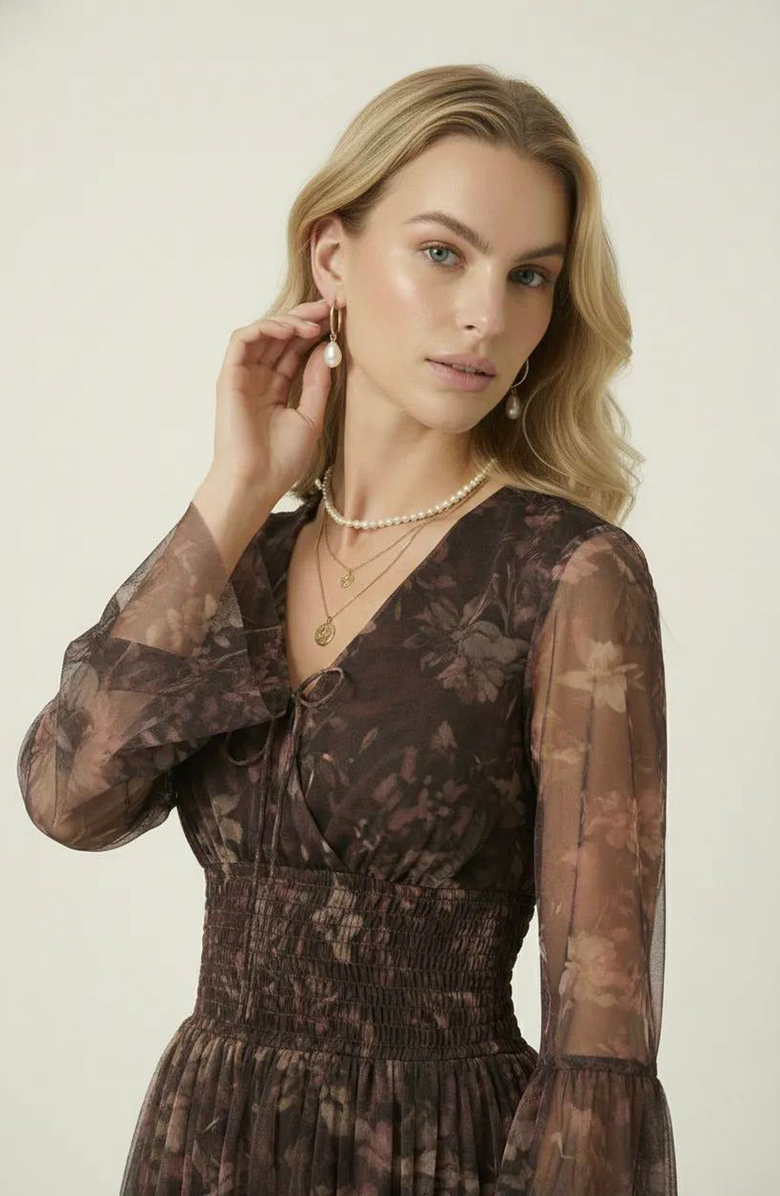 Modenaire Floral Long Sleeve Mini Dress with Smocked Waist and Flared Skirt, Alternate, color, Brown Floral