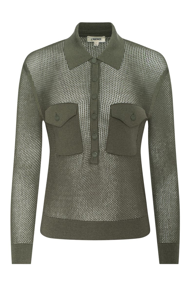 Carine Pointelle Polo Sweater, Alternate, color, SMOKEY OLIVE