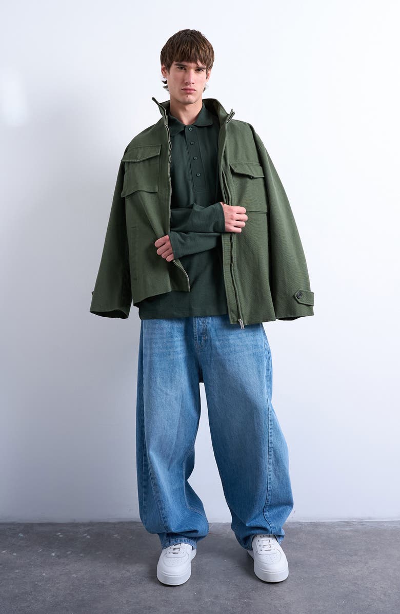 Topman Textured Long Sleeve Polo, Alternate, color, Dark Green