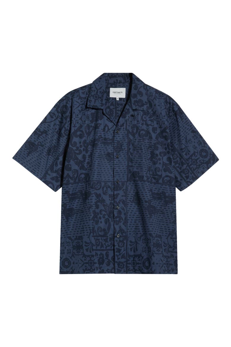 Vestige Print Cotton Poplin Bowling Shirt, Main, color, VESTIGE, BLUE