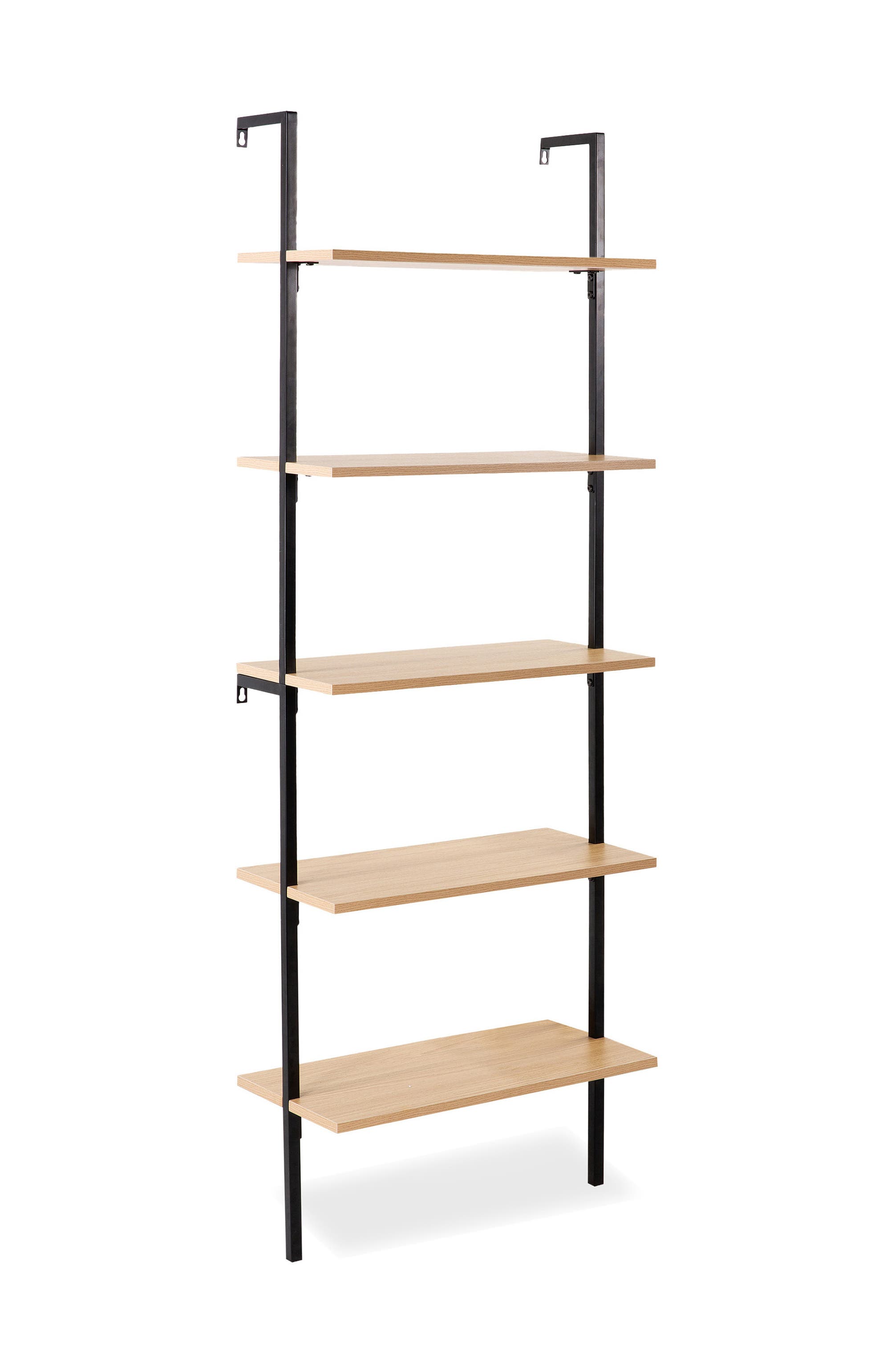 A black metal frame with two vertical supports and three light wood shelves, open design