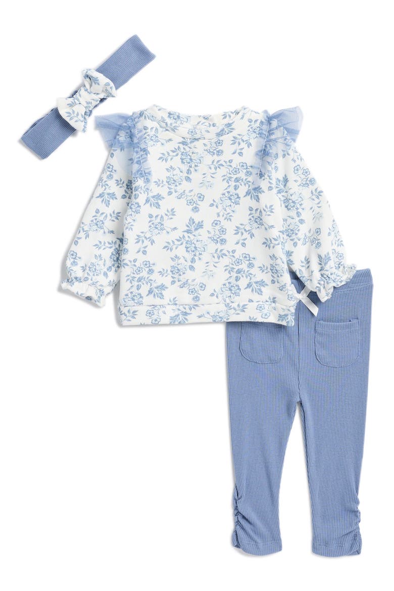 Floral Print Ruffle Top, Knit Rib Leggings & Headband Set, Main, color, SNOW WHITE/ COUNTRY BLUE