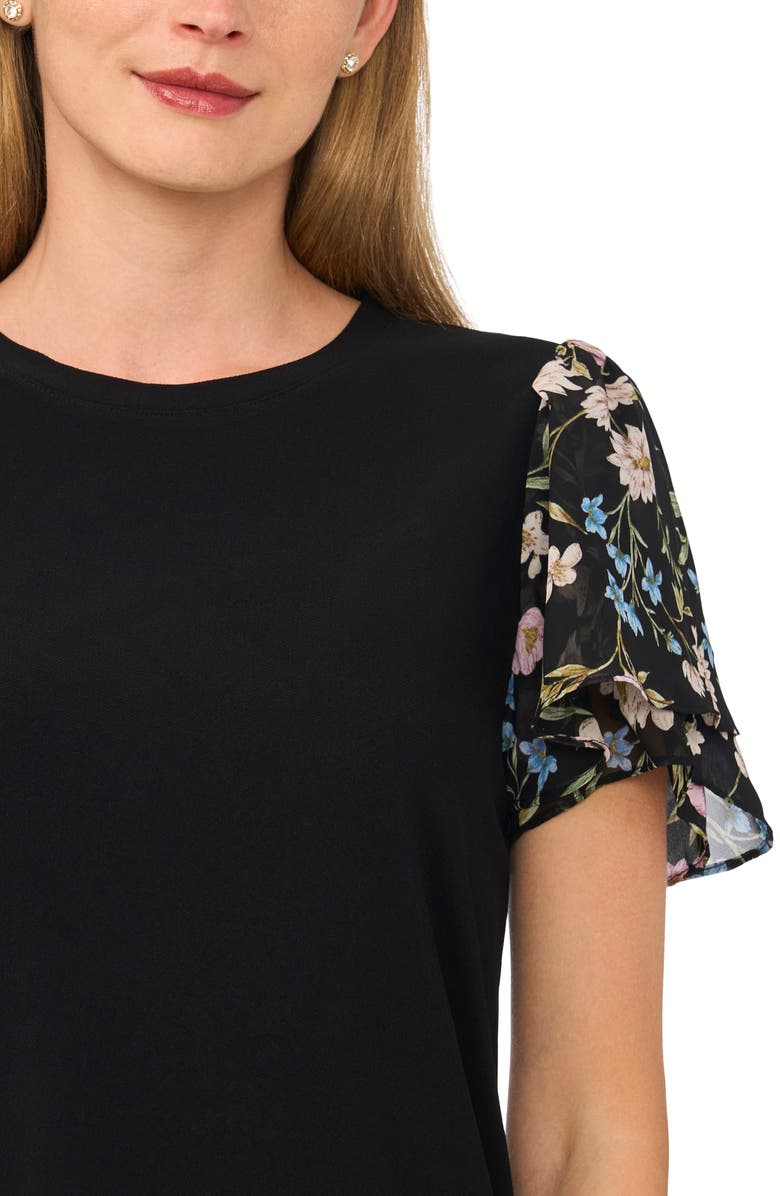 CeCe Floral Flutter Sleeve Top, Alternate, color, Rich Black Botanical