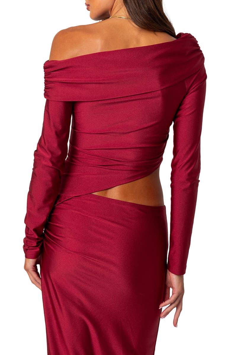 EDIKTED Reema Shiny Foldover One-Shoulder Asymmetric Top, Alternate, color, Red
