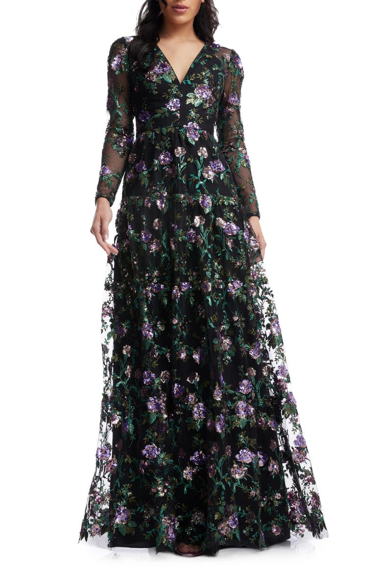 Angelina Sequin Floral Embroidery Long Sleeve Gown, Main, color, BLACK MULTI