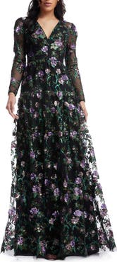 Dress the Population Angelina Sequin Floral Embroidery Long Sleeve Gown