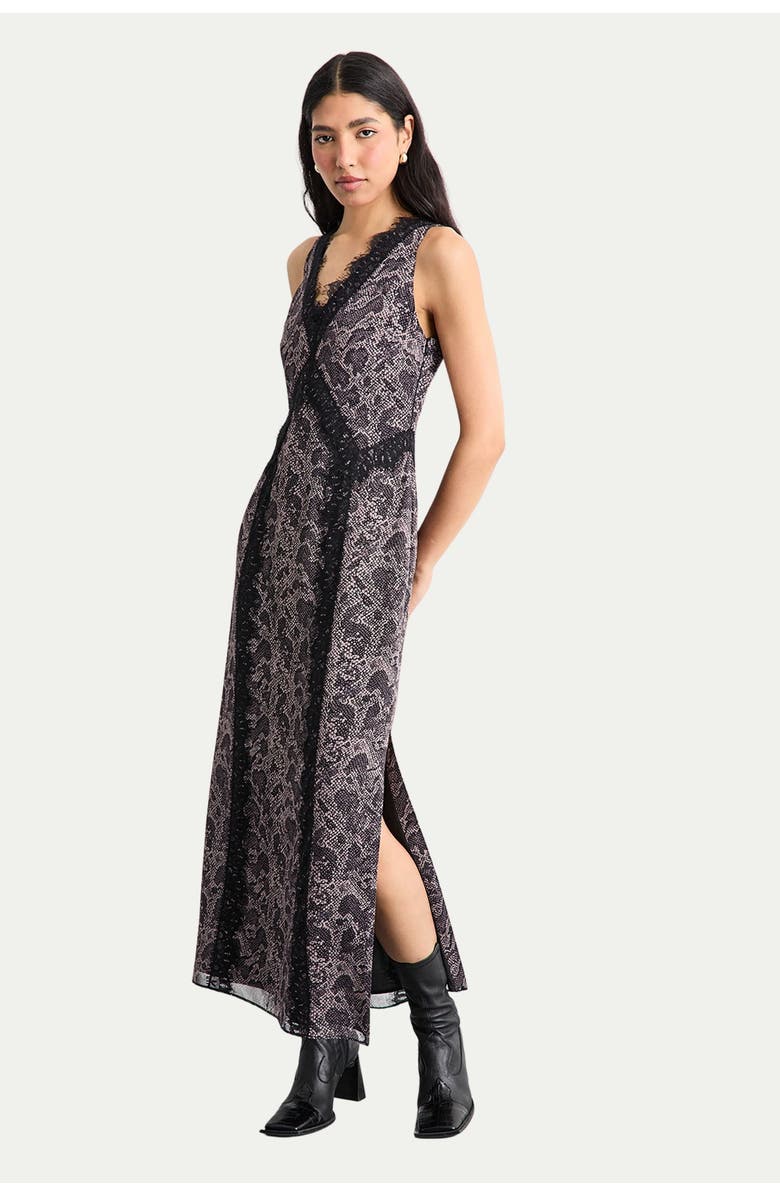Warehouse Chiffon Printed Lace Trim Dress, Main, color, Snake