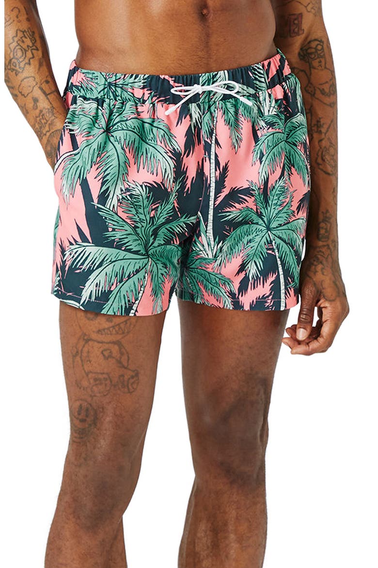 Palm Print Swim Trunks, Main, color, PINK MULTI