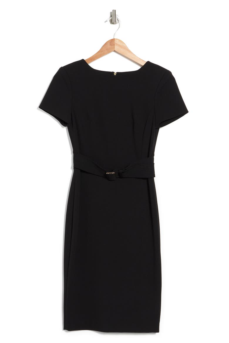 Solid Short Sleeve Waist Belt Sheath Dress, Alternate, color, BLACK