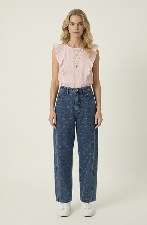 Embroidered Denim Barrel Leg Trousers