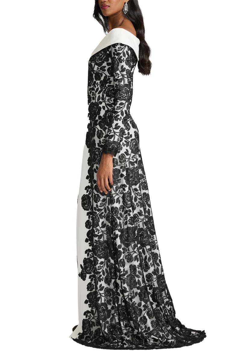 Tadashi Shoji Embroidered Portrait Collar Long Sleeve Crepe Gown, Alternate, color, Black/ Ivory