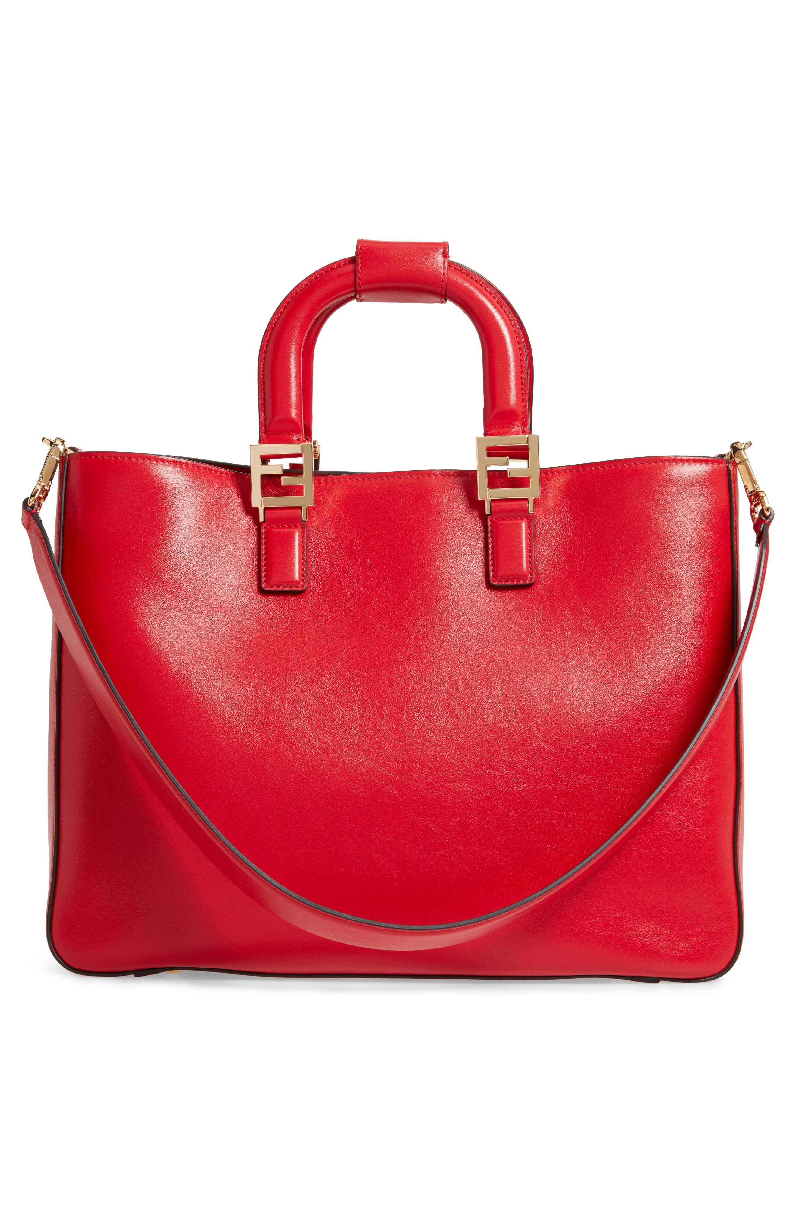 Medium FF Top Handle Leather Tote, Alternate, color, CARDINALE RED/ SOFT GOLD
