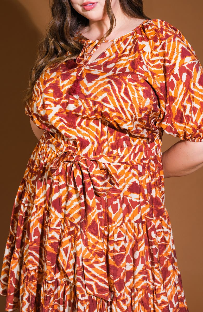 FLYING TOMATO Tie Neck Three-Quarter Puff Sleeve Babydoll Minidress, Alternate, color, Ivory Rust