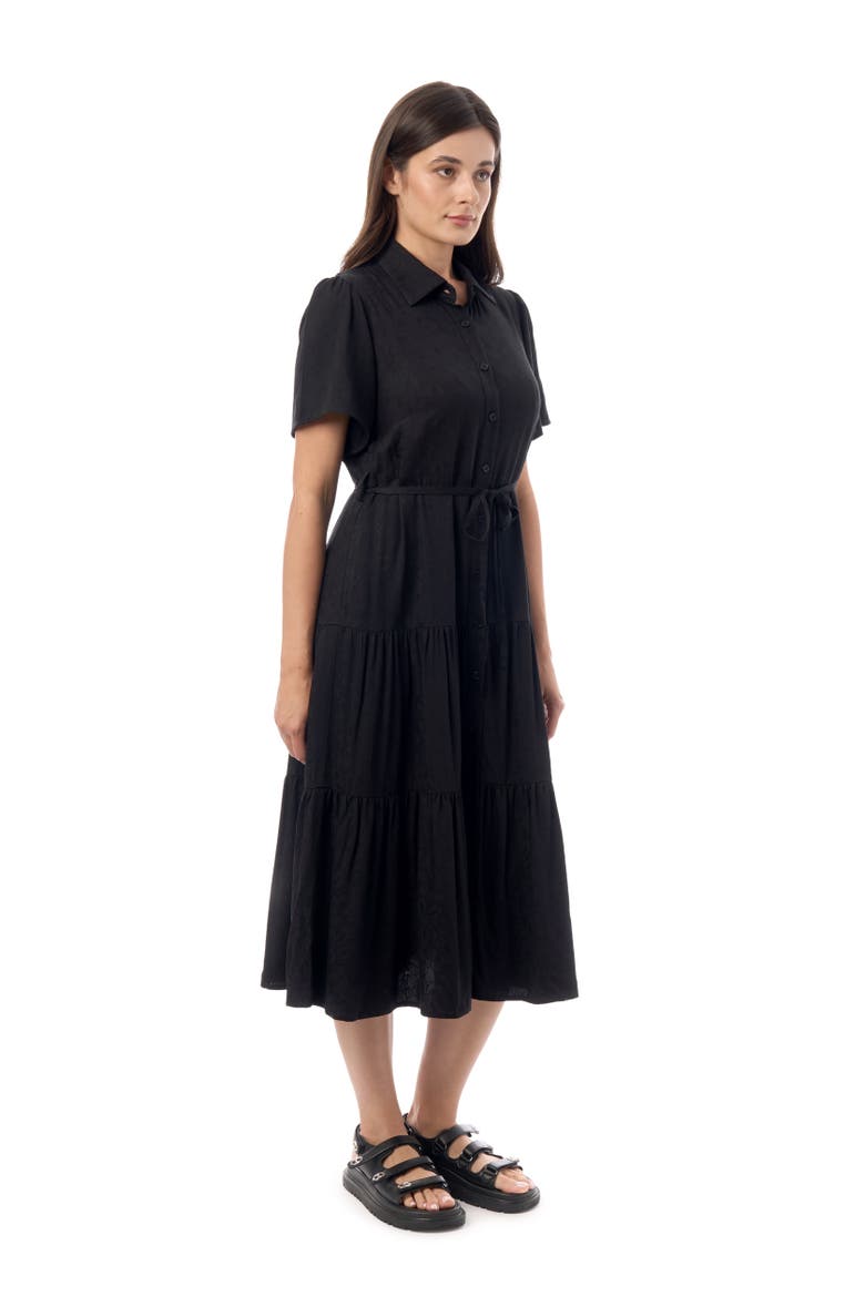 Jacquard Tiered Belted Midi Dress, Alternate, color, Black