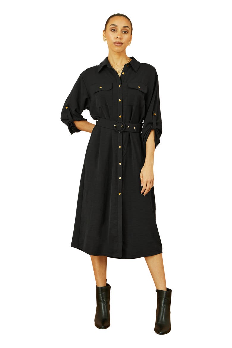 3/4 Sleeve Belted Midi Shirt Dress, Alternate, color, Black