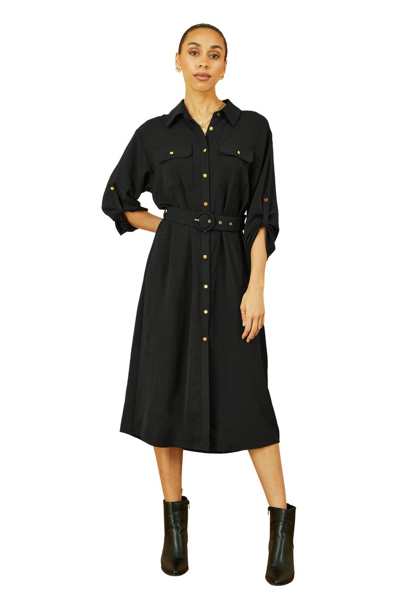 Yumi 3/4 Sleeve Belted Midi Shirt Dress, Alternate, color, Black