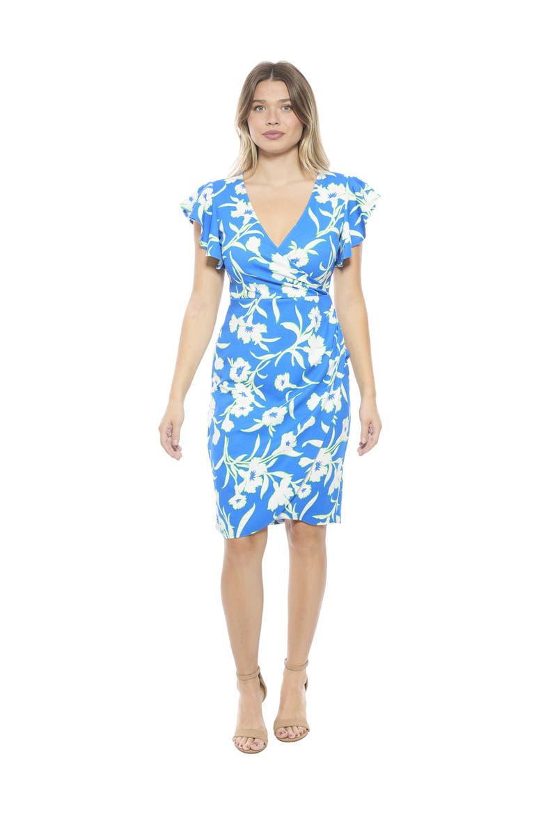 Womens Essential Floral Flutter Sleeve Faux Wrap Knee Length Dress, Main, color, Blue Multi