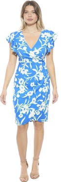 24seven Comfort Apparel Womens Essential Floral Flutter Sleeve Faux Wrap Knee Length Dress
