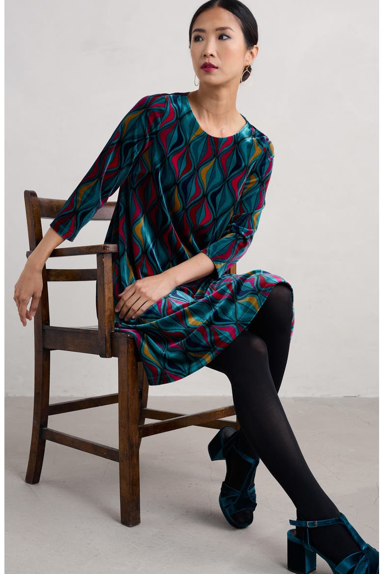 Mahonia Print Velvet Shift Dress, Alternate, color, FESTIVE RIBBONS DARK JADE