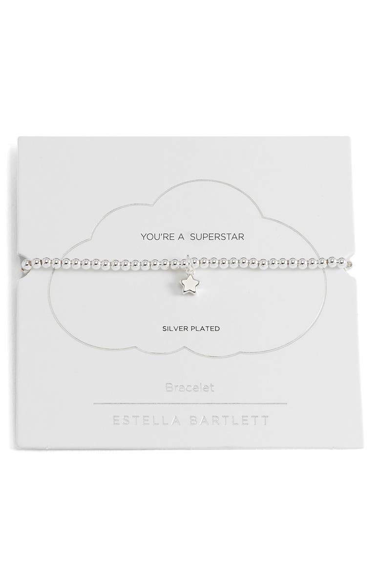 Estella Bartlett Puffed Star Sienna Beaded Stretch Bracelet, Main, color, Silver