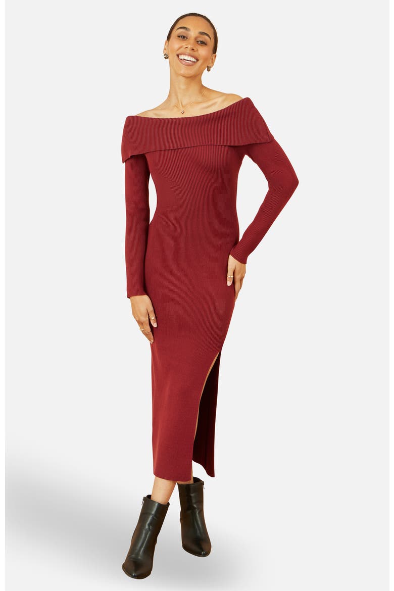 Bardot Knitted Fitted Midi Dress, Main, color, Burgundy