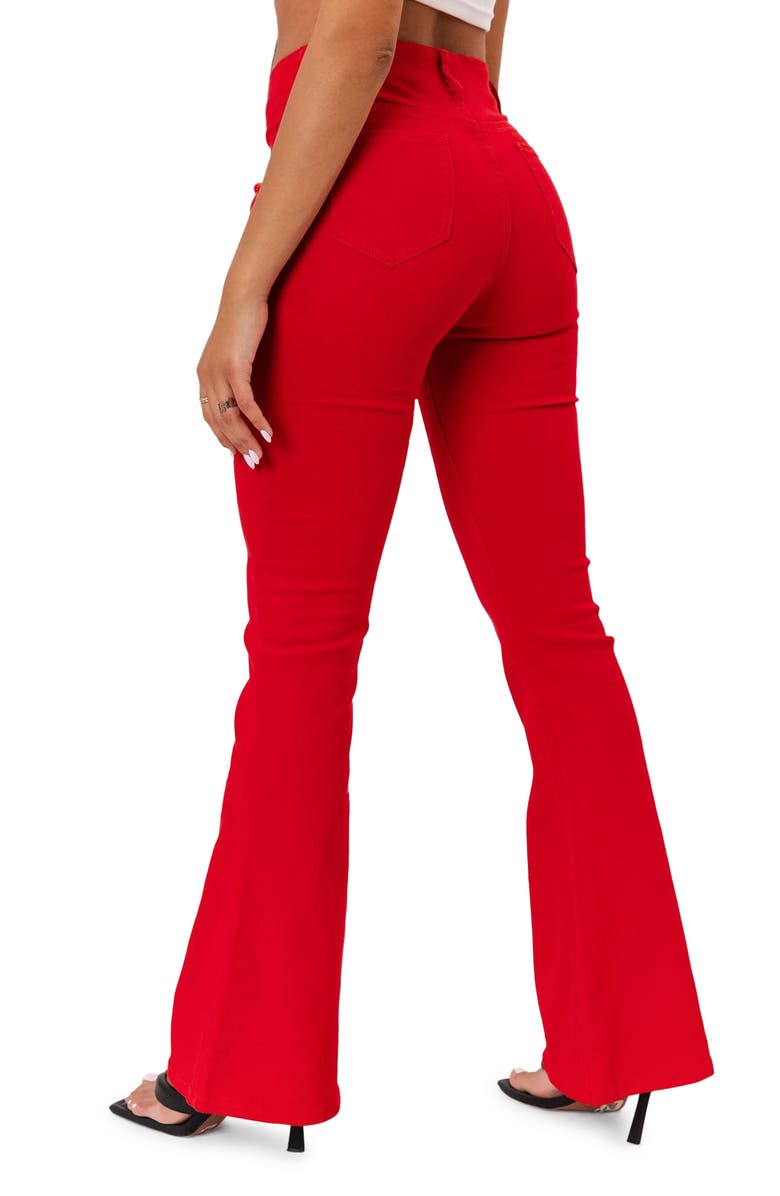 EDIKTED Engine Red Lace-Up High Waist Flare Jeans, Alternate, color, 