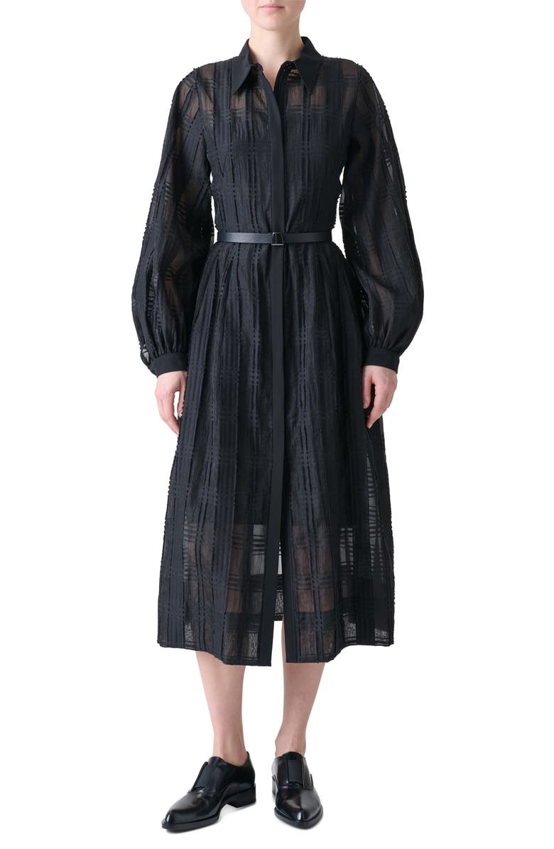 Akris Plaid Long Sleeve Organdy Midi Shirtdress, Main, color, Black