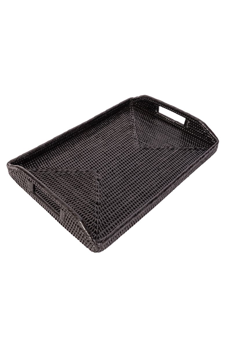 Rectangular Rattan Serving Tray with High Handles, Alternate, color, Tudor Black