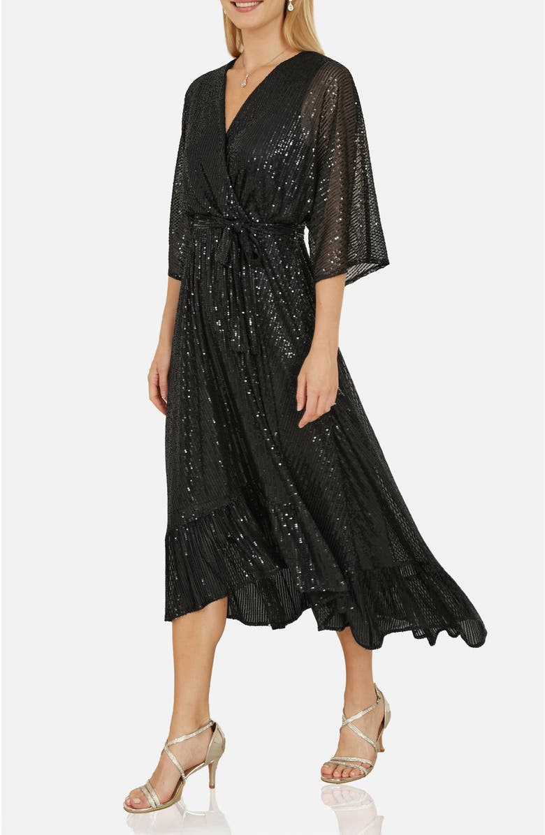 Yumi Sequin Kimono Midi Wrap Dress, Alternate, color, Black