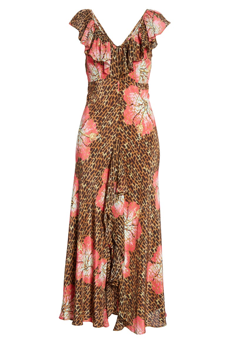 Antoinette Floral & Giraffe Print Silk Blend Midi Dress, Alternate, color, HAWAII GIRAFFE CAMEL CORAL