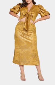 L I V D Cheetah Print Foil Tie Front Ponte Crop Top & Skirt Set