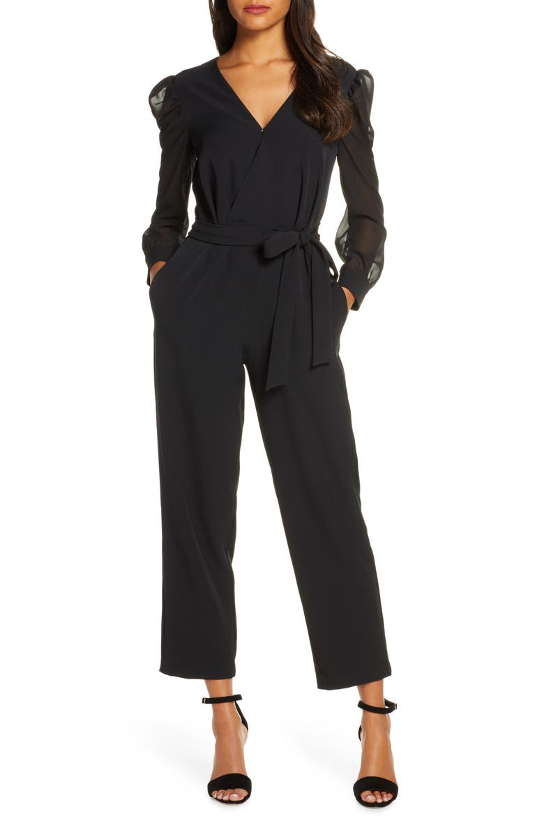 Long Sleeve Chiffon Jumpsuit, Main, color, BLACK