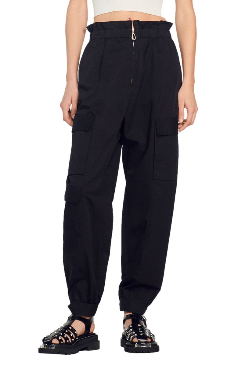 SANDRO Saffre Paperbag Waist Cotton Cargo Pants, Main, color,