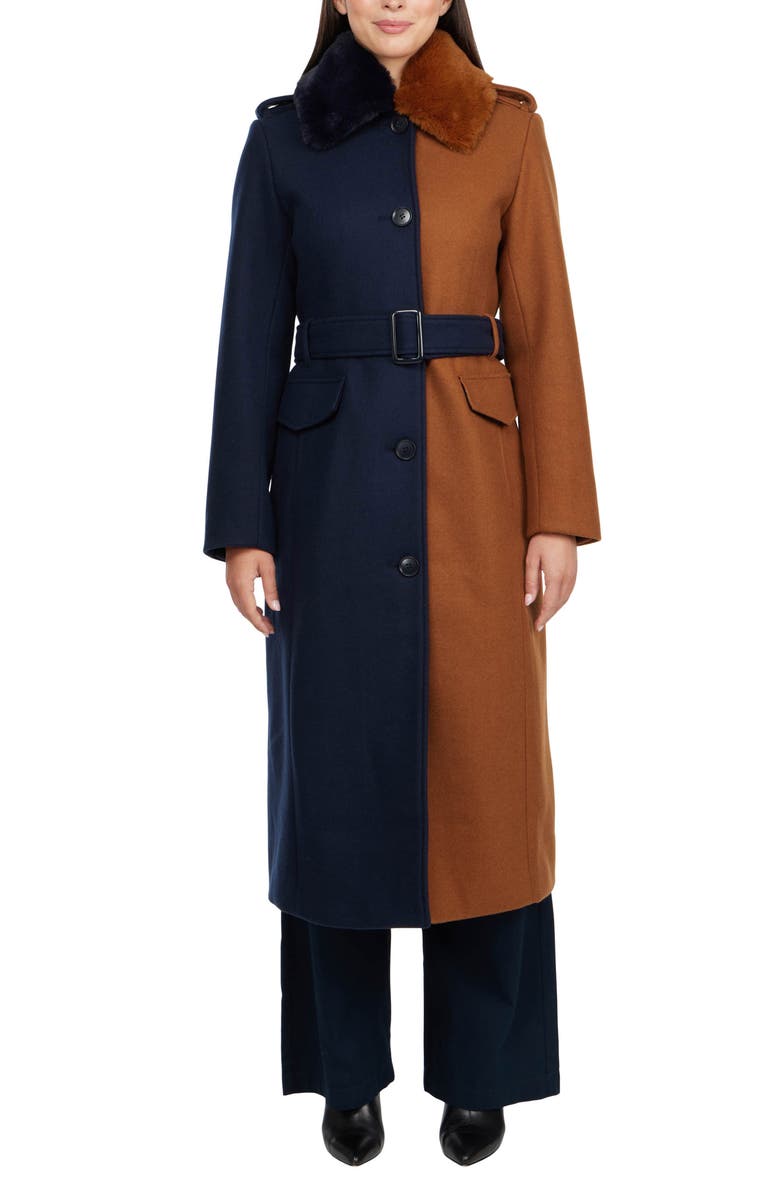 Badgley Mischka Collection Faux Fur Collar Colorblock Coat, Main, color,