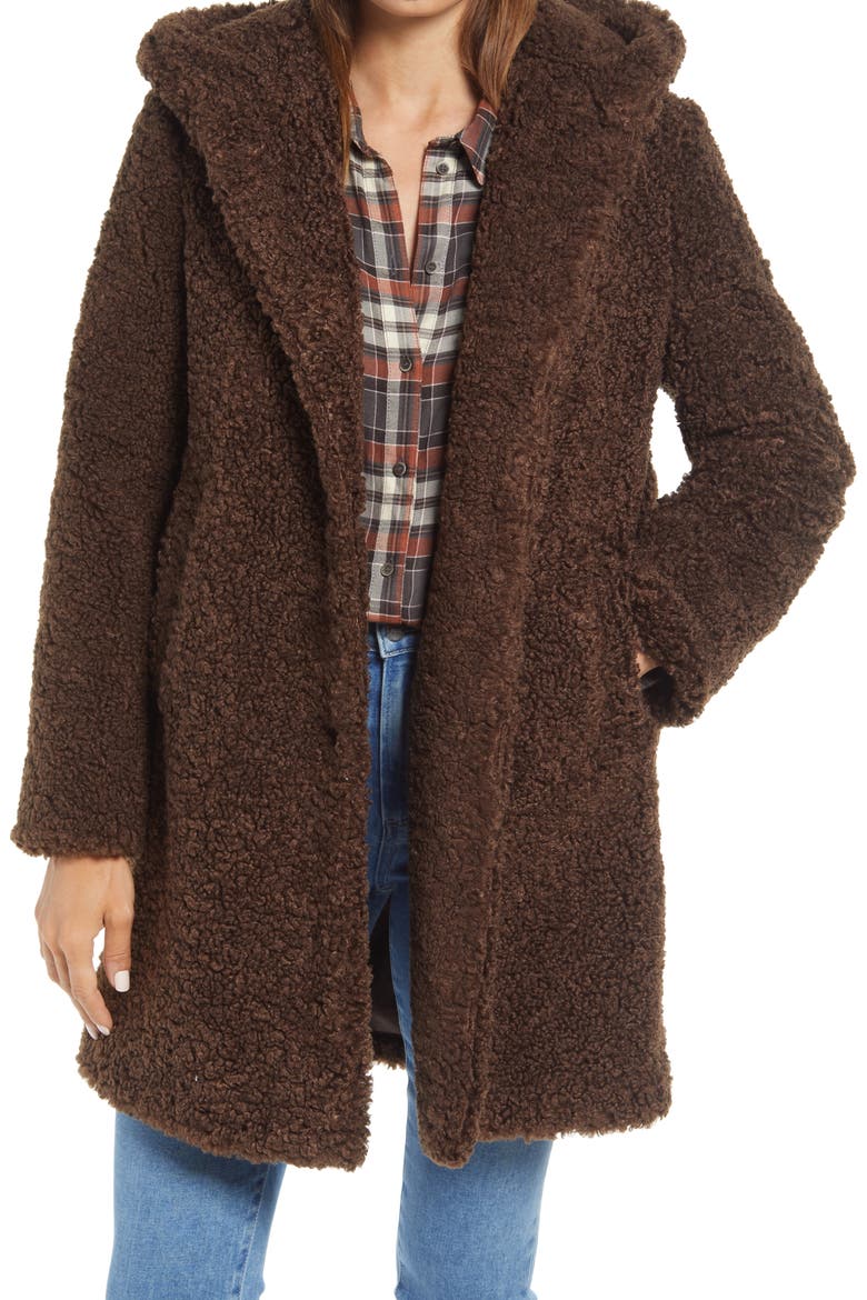 Hooded Faux Shearling Teddy Coat, Main, color, TERRAZZO BROWN